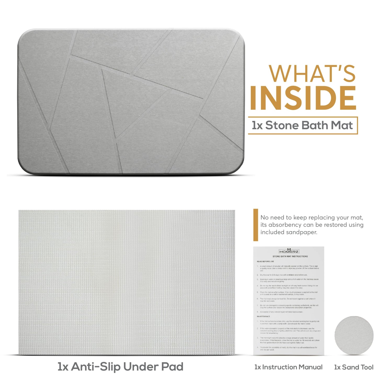Homerz Stone Bath Mat – Premium Diatomaceous Earth Bath Mat, Rock Absorbent Bath Mats for Bathroom, Modern Stone Drying Mat, Shower Mat Outside Shower, Tapetes para Baño 23.6"x15.3"