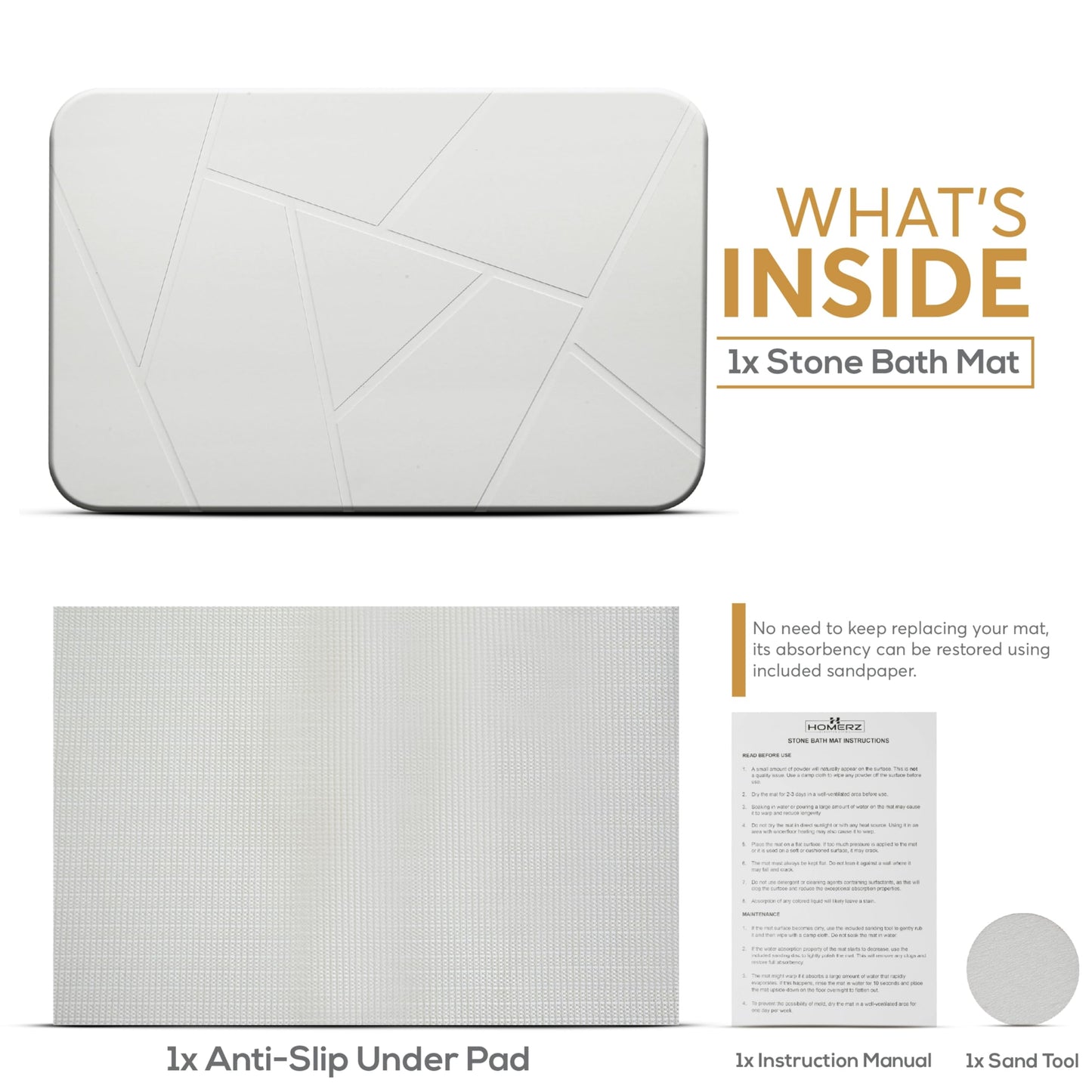Homerz Stone Bath Mat – Premium Diatomaceous Earth Bath Mat, Rock Absorbent Bath Mats for Bathroom, Modern Stone Drying Mat, Shower Mat Outside Shower, Tapetes para Baño 23.6"x15.3"