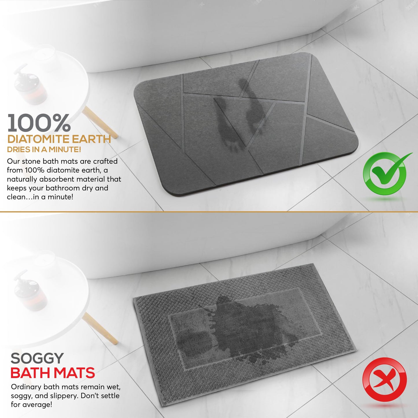 Homerz Stone Bath Mat – Premium Diatomaceous Earth Bath Mat, Rock Absorbent Bath Mats for Bathroom, Modern Stone Drying Mat, Shower Mat Outside Shower, Tapetes para Baño 23.6"x15.3"