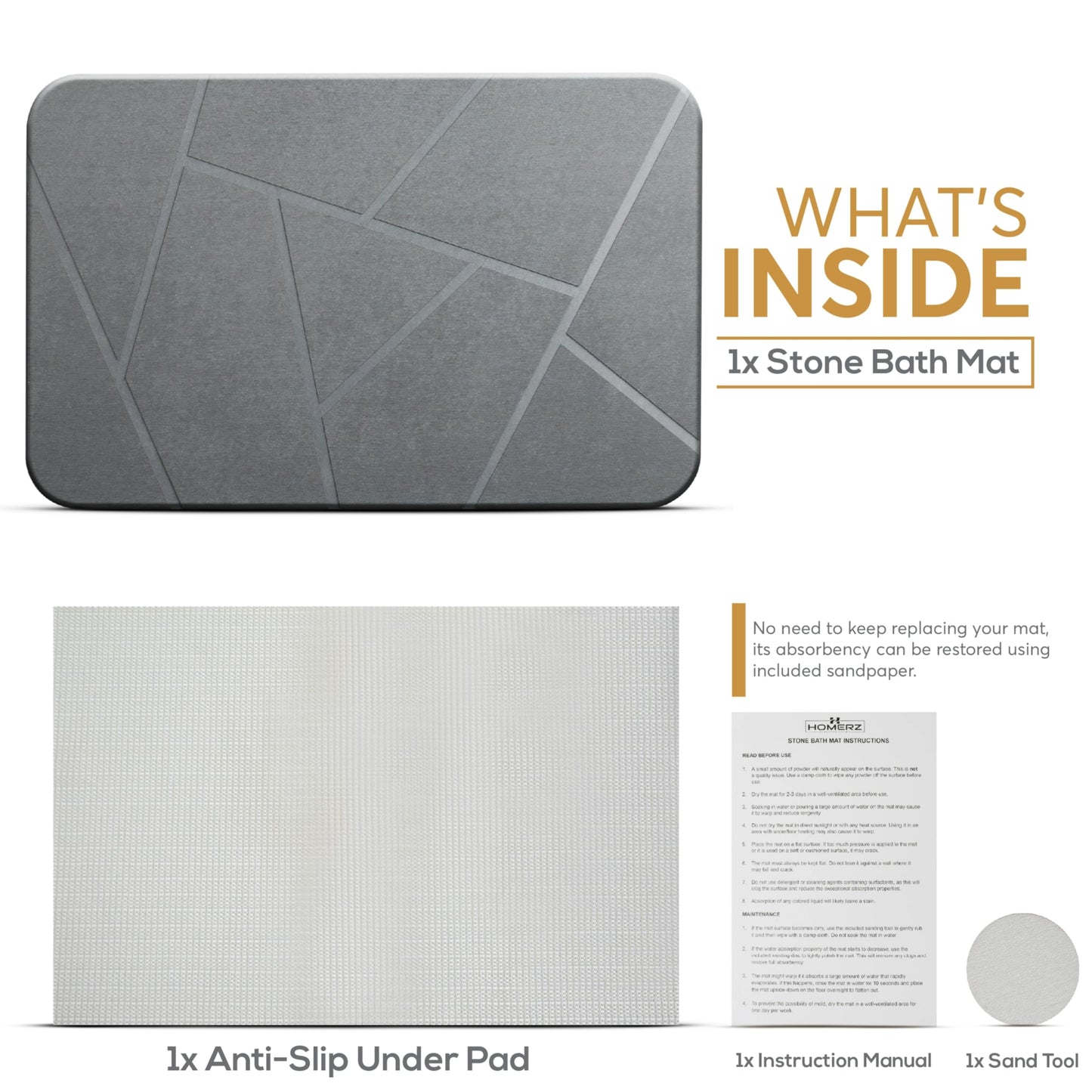 Homerz Stone Bath Mat – Premium Diatomaceous Earth Bath Mat, Rock Absorbent Bath Mats for Bathroom, Modern Stone Drying Mat, Shower Mat Outside Shower, Tapetes para Baño 23.6"x15.3"